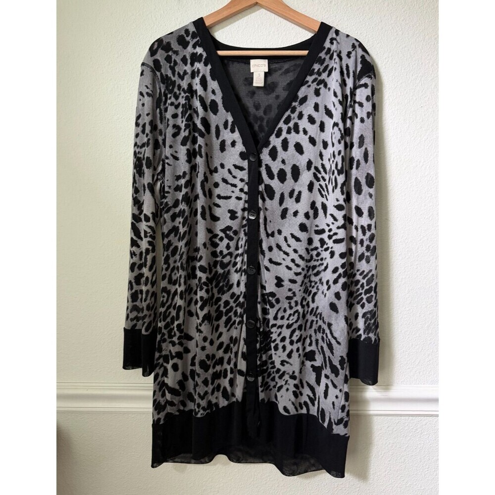 Chico's Leopard Animal Print Sheer Mesh Knit Cardigan Women's 3 (XL) Button